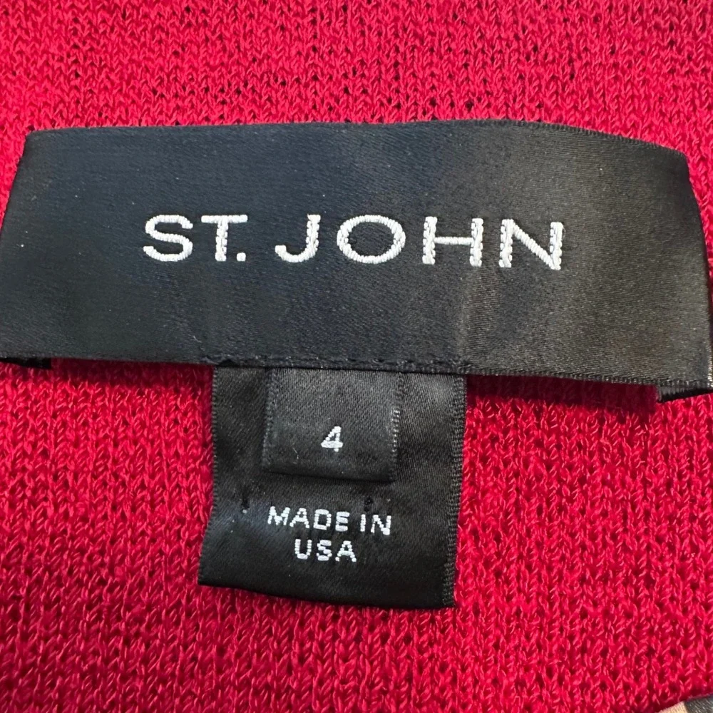 St. John Red Santana Knit Jacket Leopard Trim Rosette Sz 4 (S)